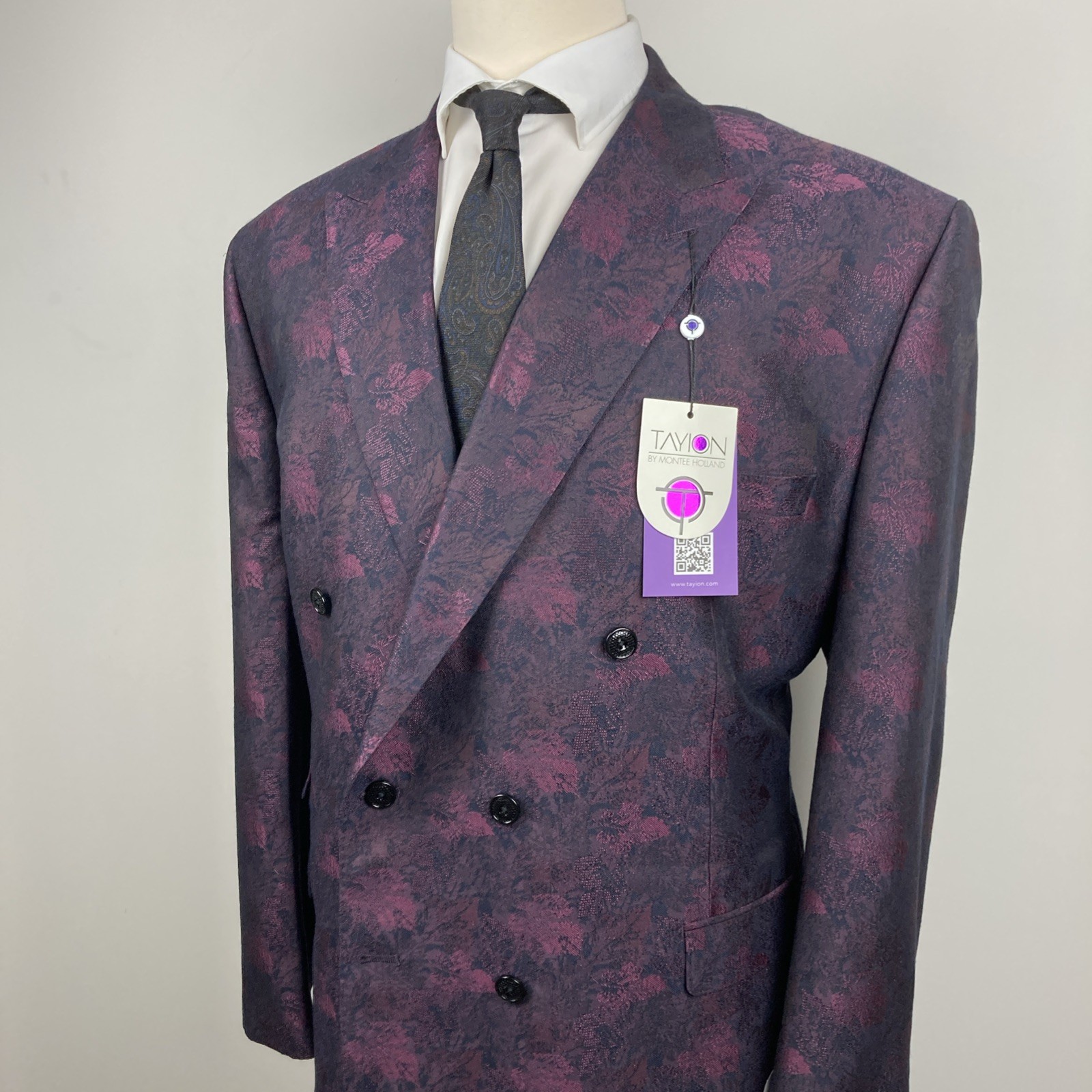 Tayion Mens Classic fit Double Breasted Dinner Jacket 52R Wine Black Floral