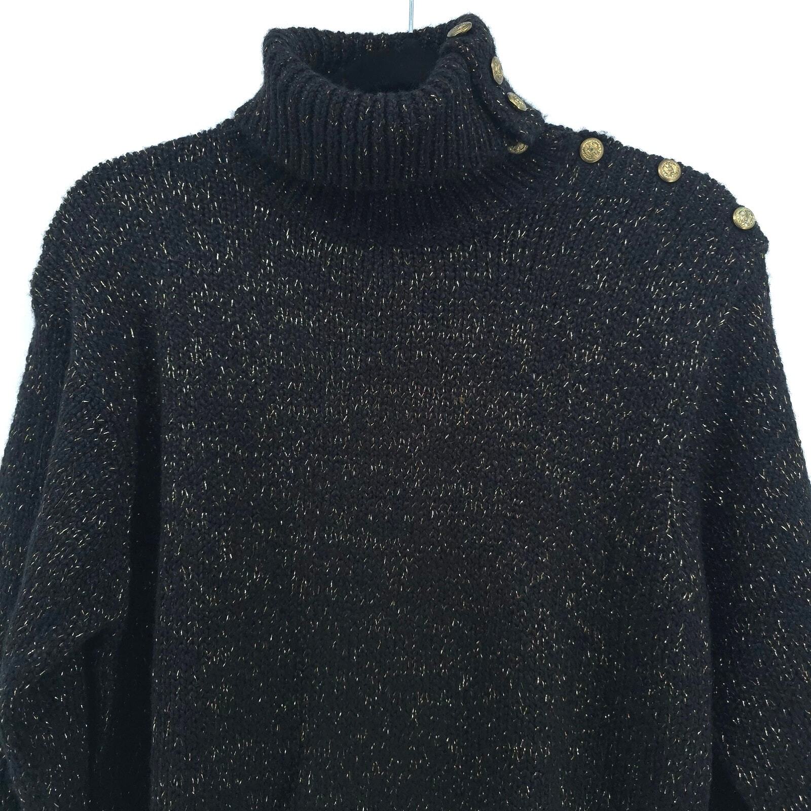 Vintage Toi Turtleneck Thick Ribbed Black & Gold Metallic Sweater Gold Buttons L