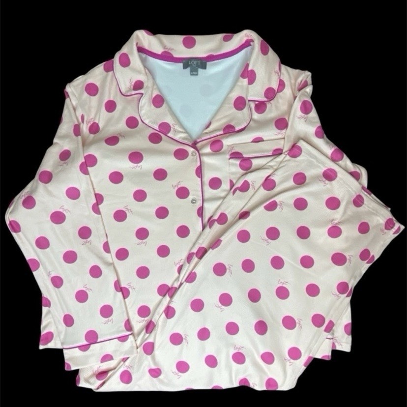 NWOT Loft Hot Pink Polka Dot Pajama Set Soft Cozy Ribbed Fabric Size XL