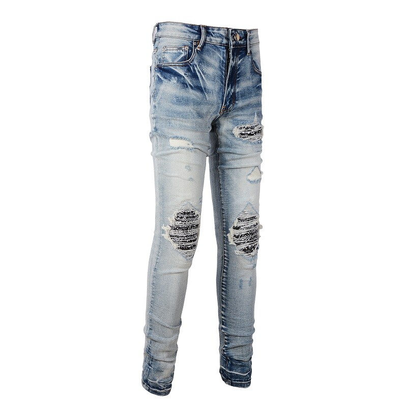 Men’s Slim Fit Stretch Denim Jeans with Paisley Patch Detail & Distressed Wash