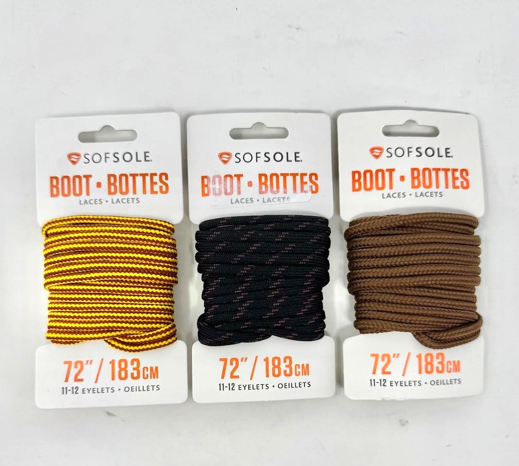 SOFSOLE ‘ LOT OF 3 PAIRS ‘ BOOT LACES ‘ 72″ ‘ BROWN, BLACK, & GOLD/BROWN