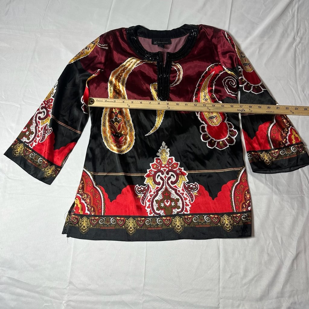 INC International Concepts Petite Paisley Print Beaded Tunic Top Women’s 6P Bo