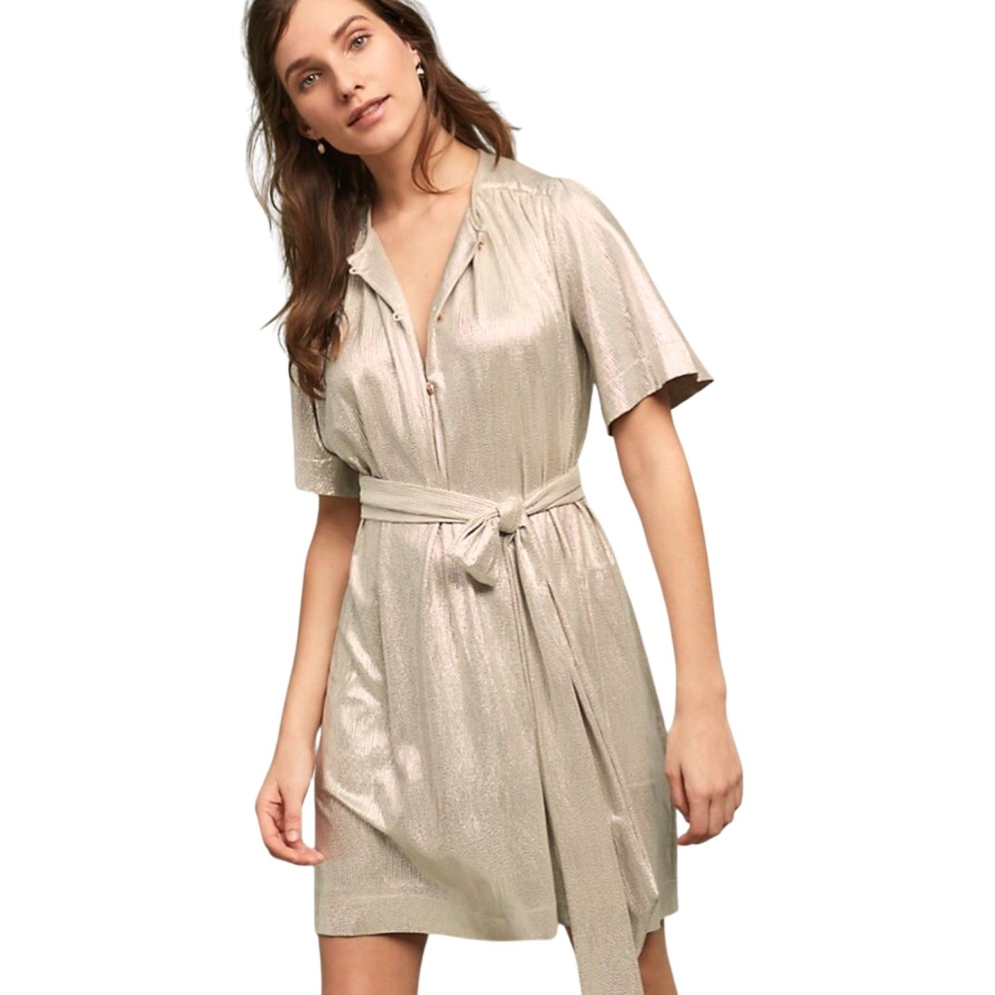 Sabina Musayev Dress Large Metallic Shimmer Pleated Mini Button Front Belted