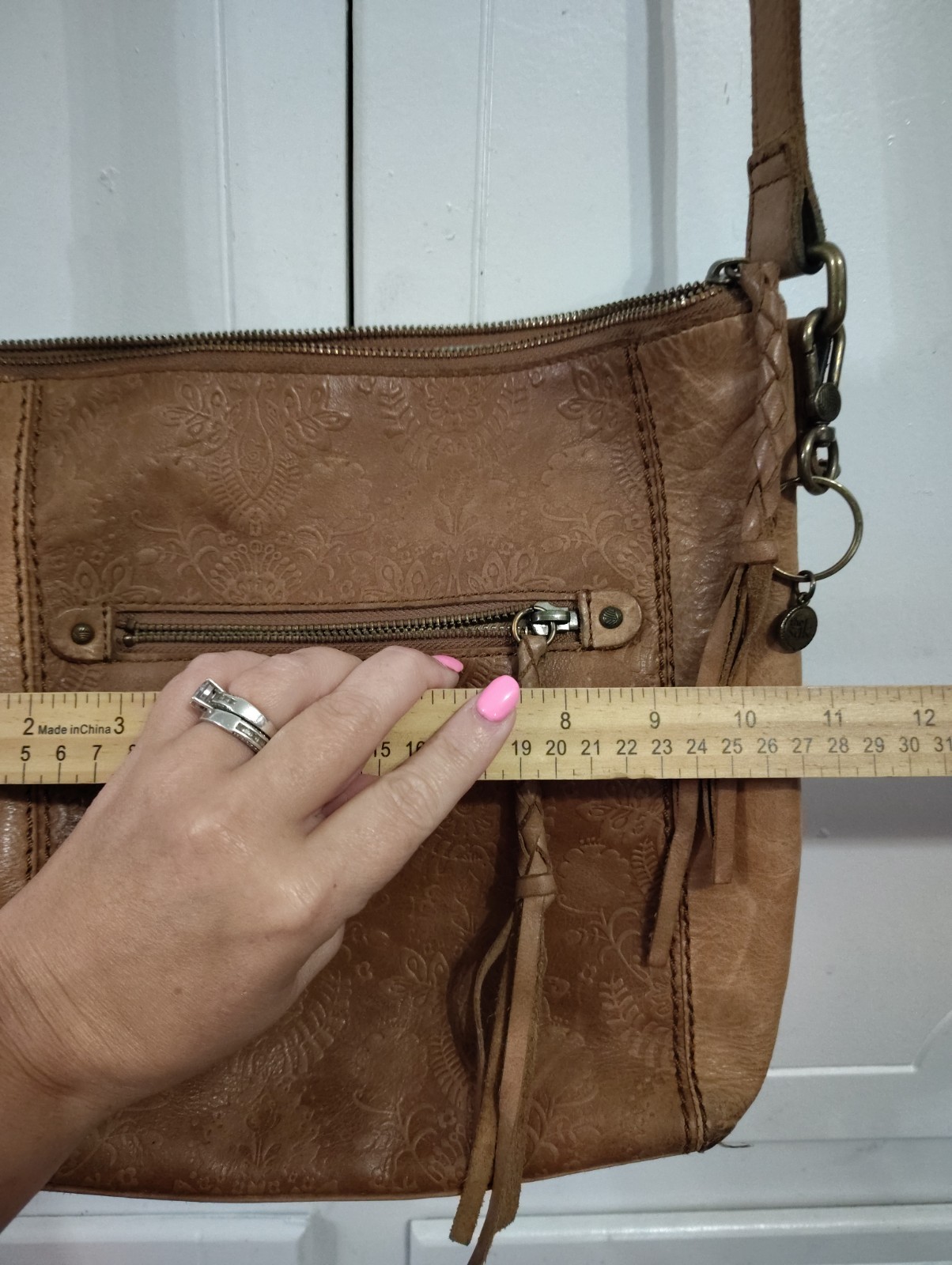 The Sak Ashland Embossed Leather Crossbody Bag Tobacco Floral Emboss