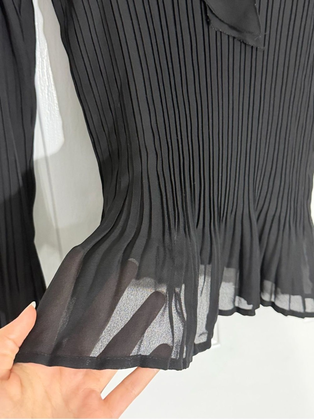 Black Sheer Ruffle Tie-Neck Long Sleeve Blouse Large