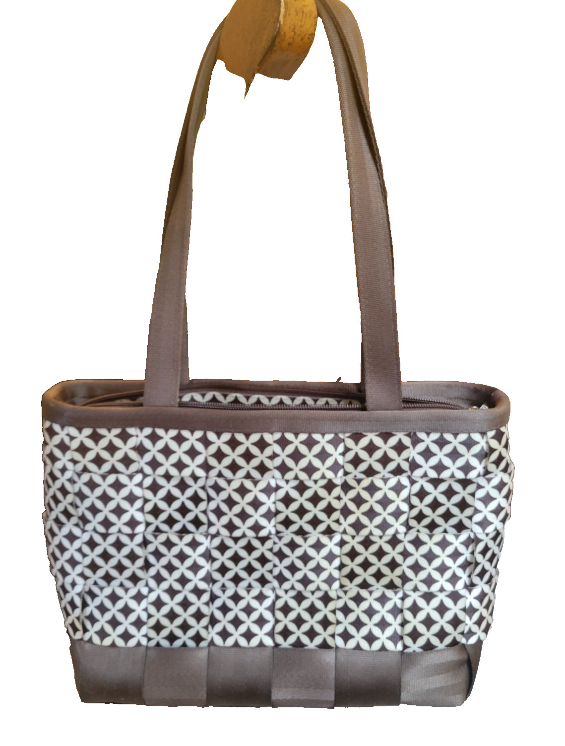 Harveys seatbelt bags Trelis brown large tote white pattern EUC