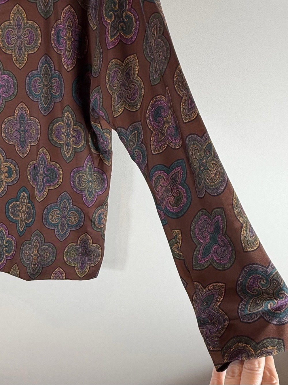 Vanessa Van Cleef 100% Silk Brown Patterned Tunic Jacket Size 8