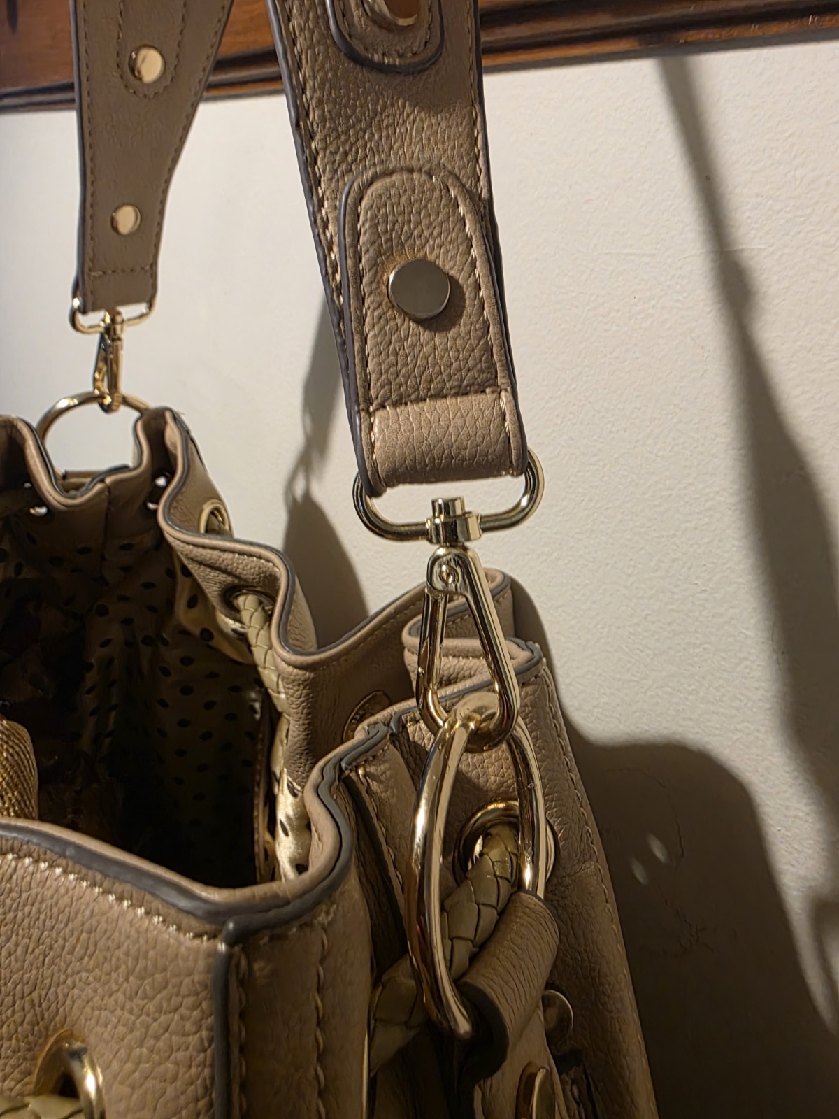 Melie Bianco Beige Bucket Drawstring Shoulder Bag Tassel Braided Gold HW