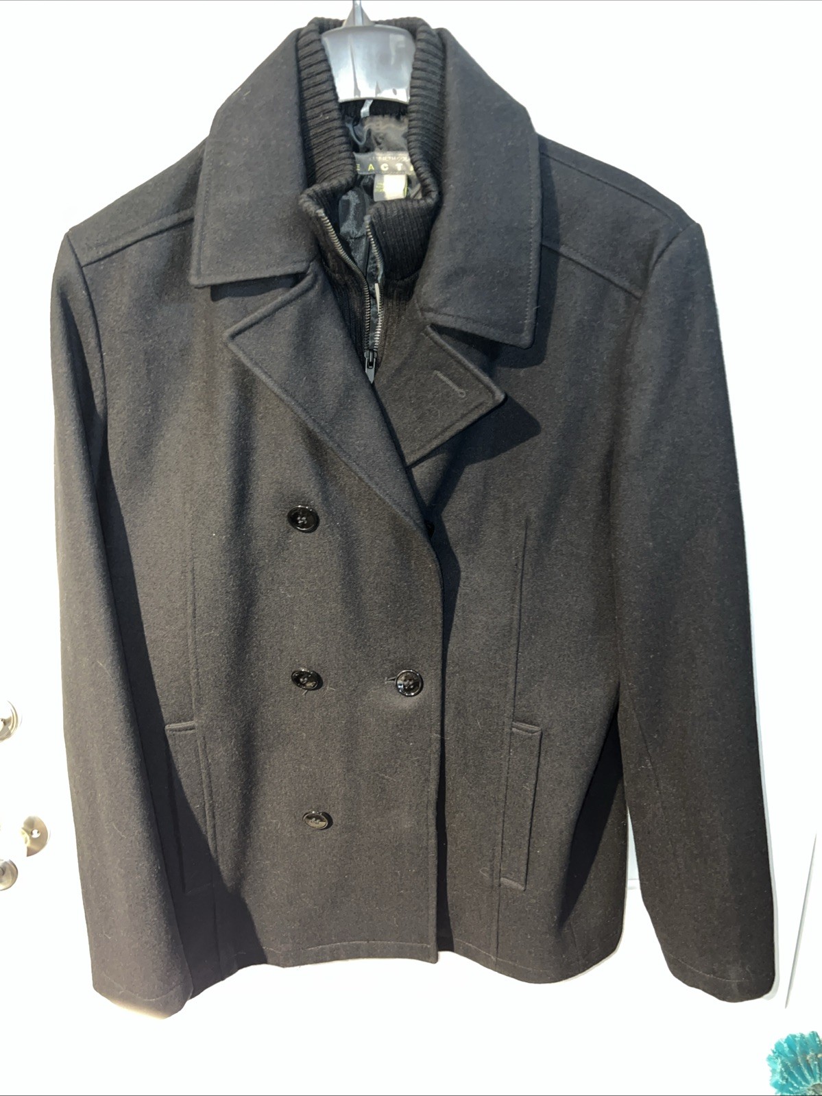 Wool Pea Coat Mens Medium Double Breasted Black Fisherman Nautical Classic Warm