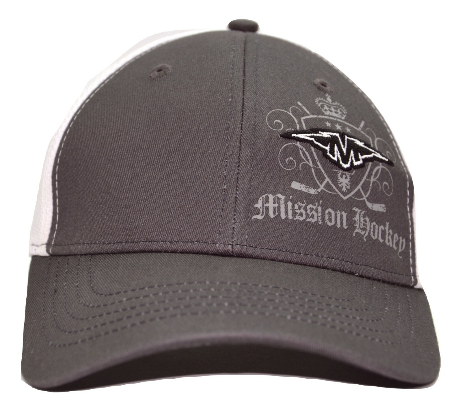 Mission Hockey Gray & White Mesh Back Flex Fit One Size Fits Most Hockey Cap Hat