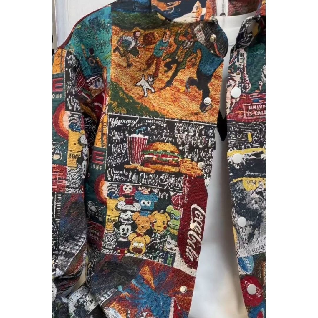 Men Graphic Print Jacquard Tracksuit Set Casual Button Jacket Jogger Pants