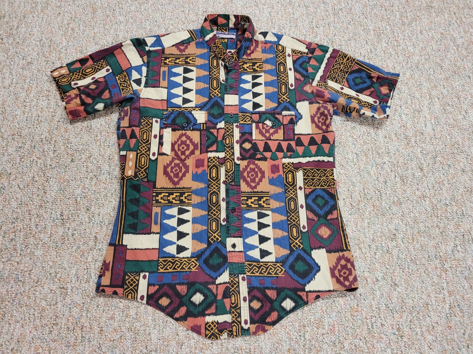 Plainsman Aztec Western Shirt Men Large Multicolor Tribal Geometric Short Sleeve