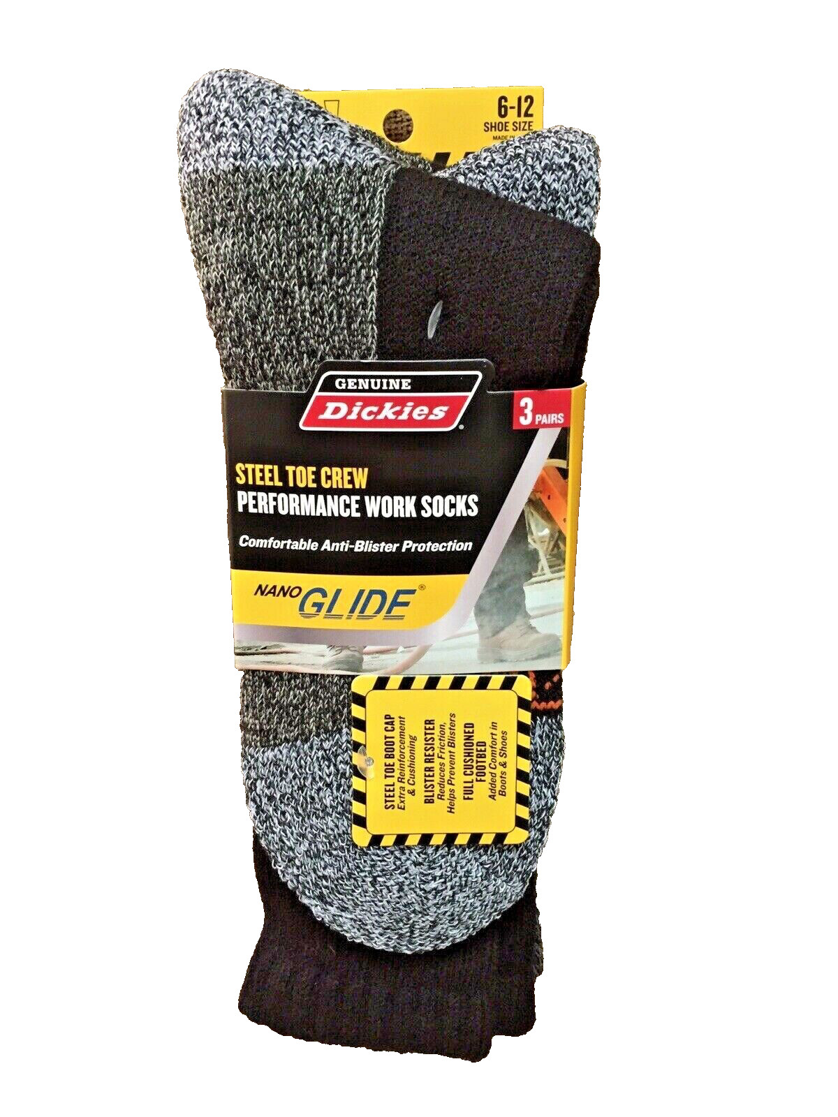 New 3 Pair Dickies Steel Toe Crew Performance Work Socks Nano Glide BLACK Sz6-12