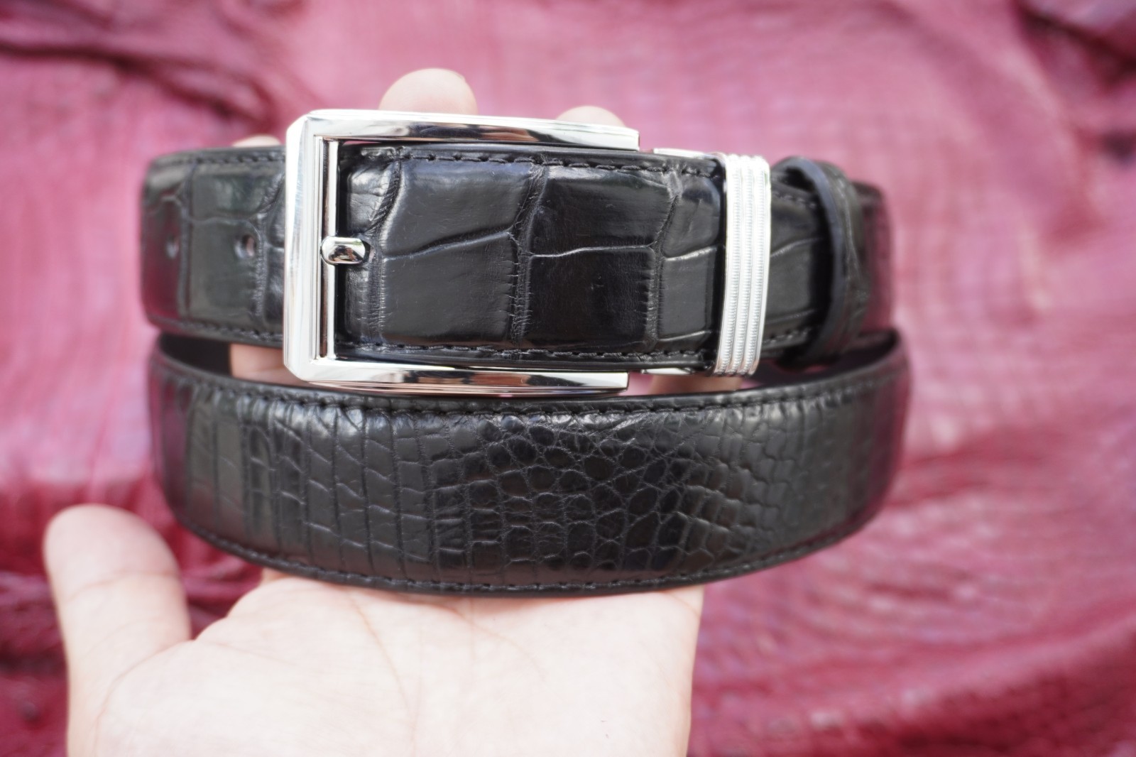 W1.3 inch Black Genuine Crocodile Belly Leather Skin Men’s Belt Plus Buckle #E20