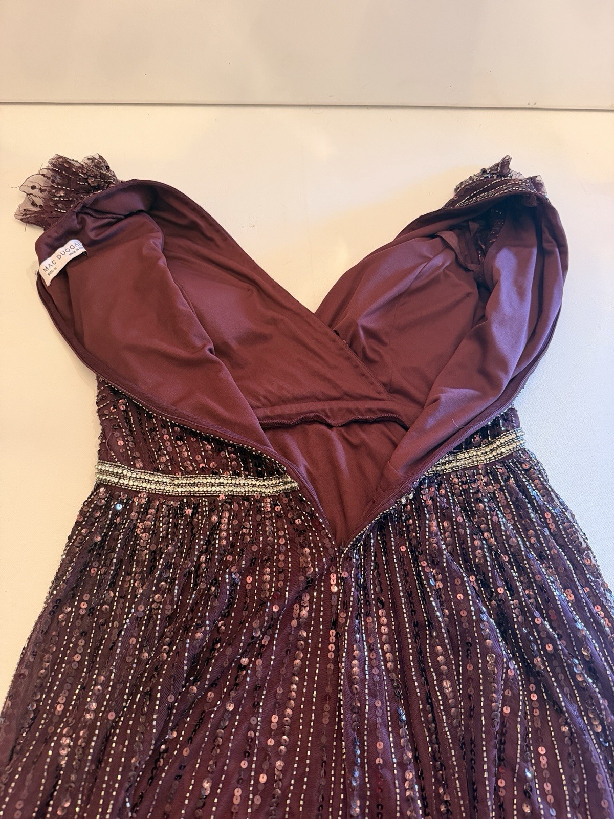 MacDuggal Burgundy Wine Sequin Beaded Flutter Sleeve Evening Gown Dress Sz12 NWT