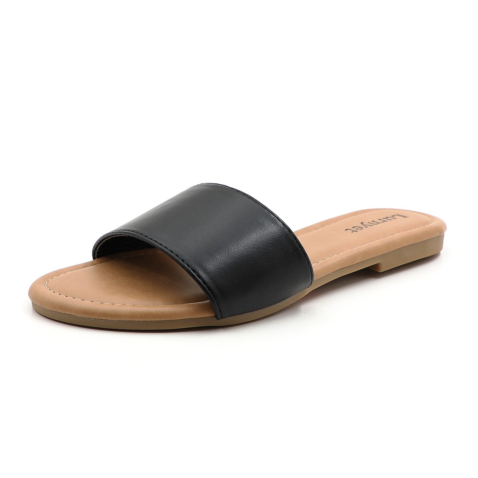 Glaze Women’s Classic Slide Sandals Faux Leather Tan Footbed Casual Flat Slip-On