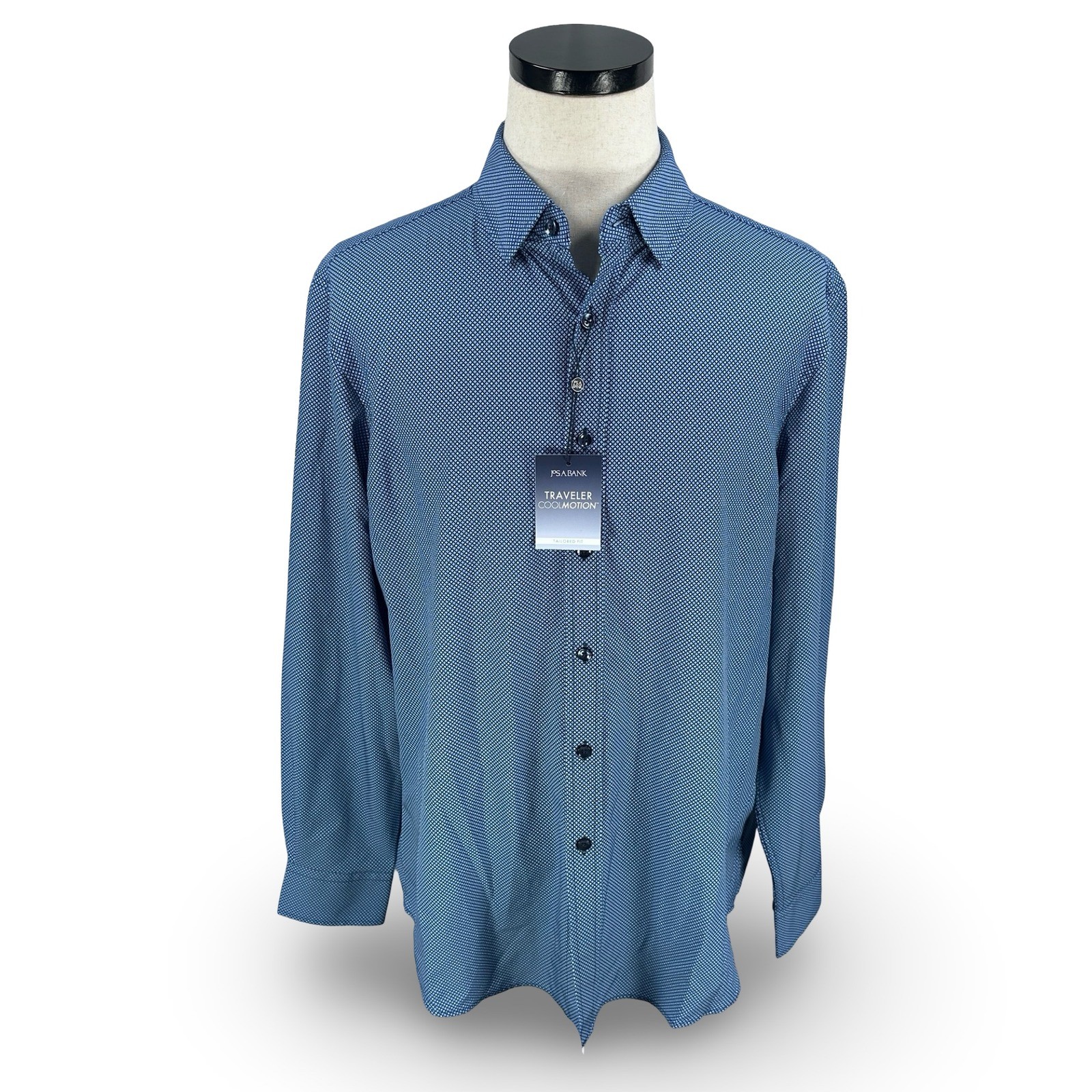 Jos A Bank Traveler Coolmotion Shirt Mens Large Tailored Fit Blue Geometric NWT