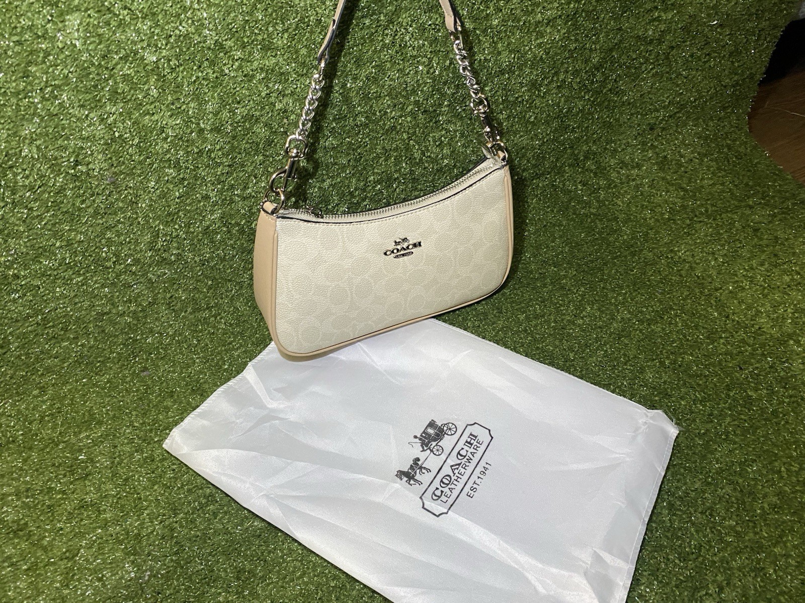 Coach Signature Beige Small Zip Shoulder Bag Chain Strap Silver Hardware