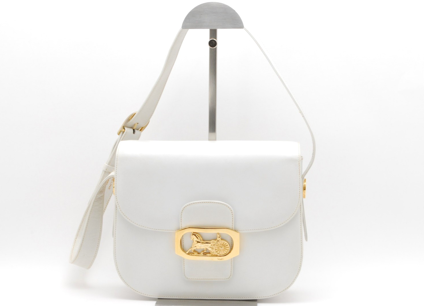 CELINE Shoulder Bag Horse Carriage Leather White Vintage