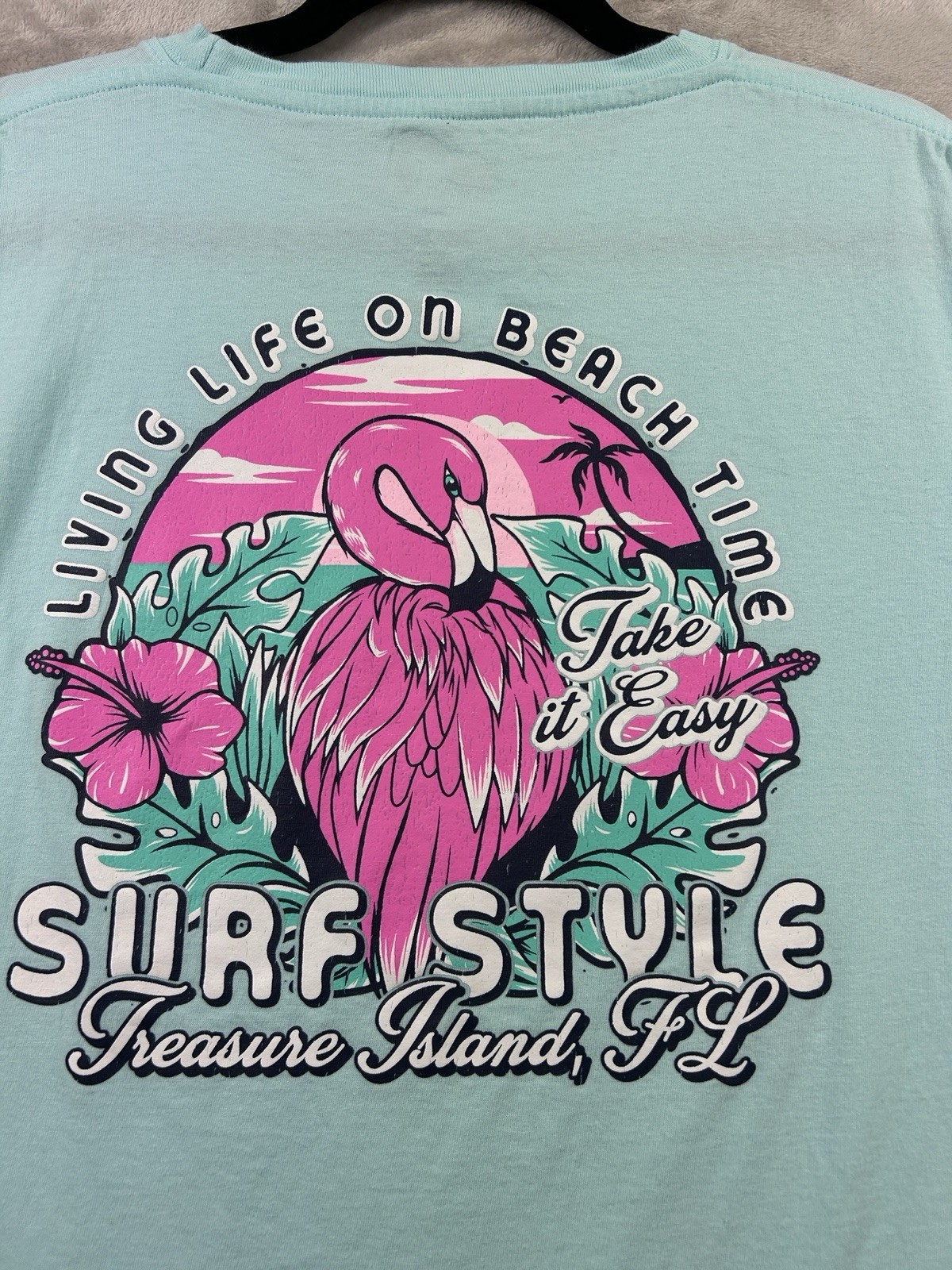 Surf Style T Shirt Treasure Island Florida L Teal “Living Life On Beach Time”