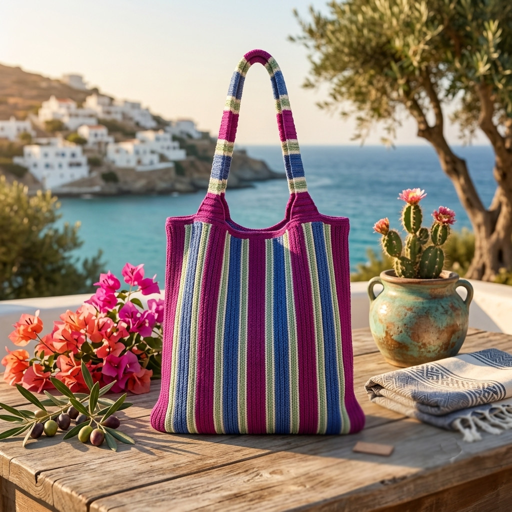 Colorful Striped Knit Tote Bag Boho Beach Shoulder Bag Large Cotton Shopper