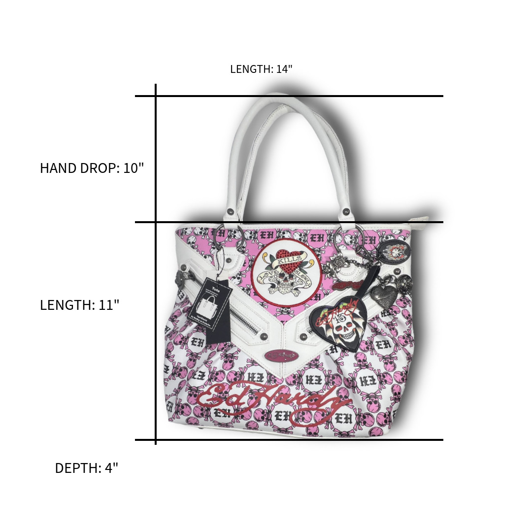 NWT Ed Hardy Pink and White Skull Rhinestone Love Kills Slowly Tote Bag Charm