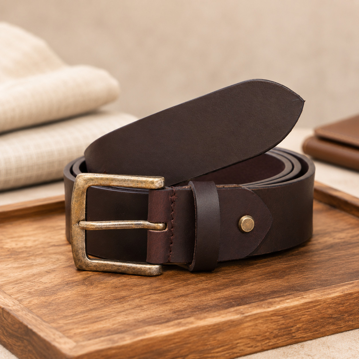 Men’s Dark Brown Genuine Leather Belt Antique Brass Buckle Casual Dress Belt