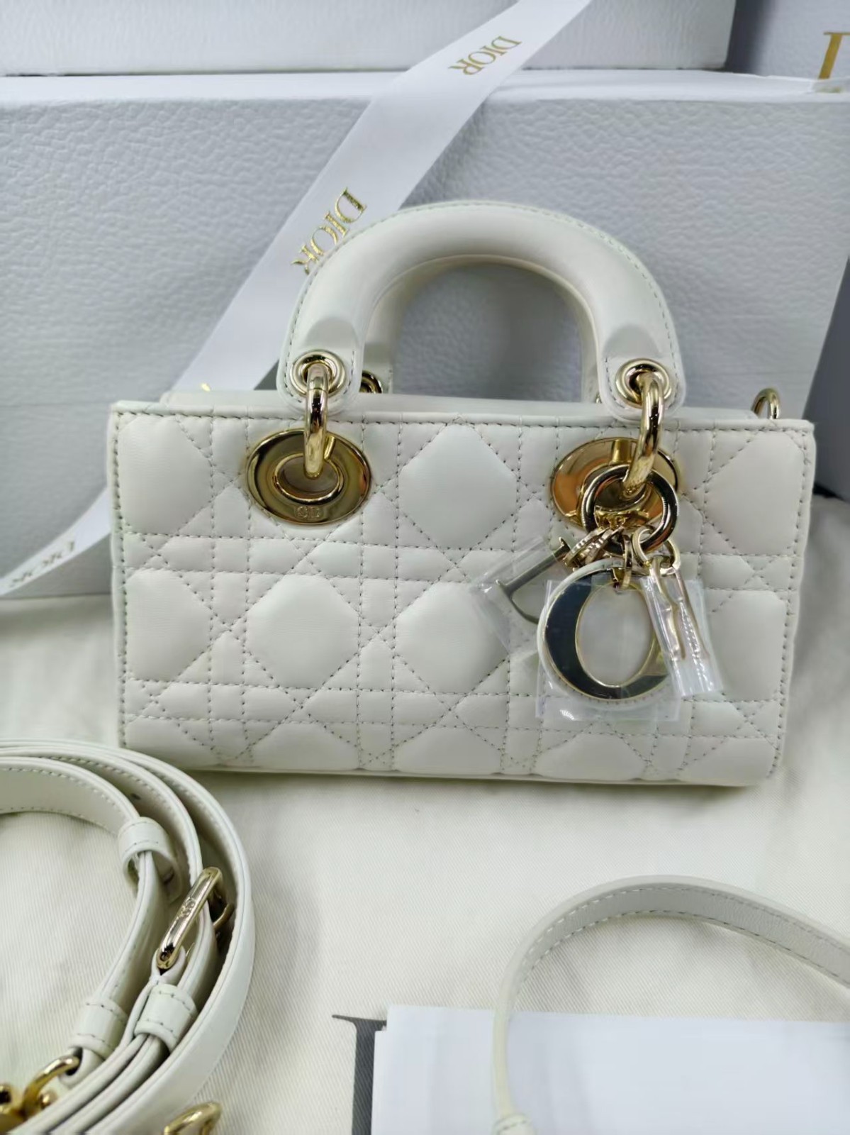 Dior D‑Joy Mini White Gold‑Tone Hardware Shoulder Handbag