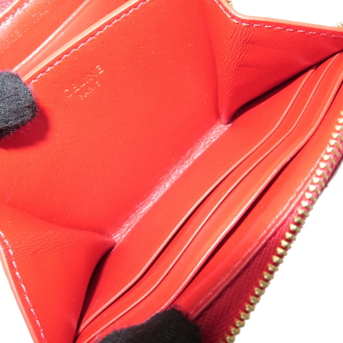 CELINE Leather Compact Zippy Wallet Coin Case C-charm Red Authentic Used F/S
