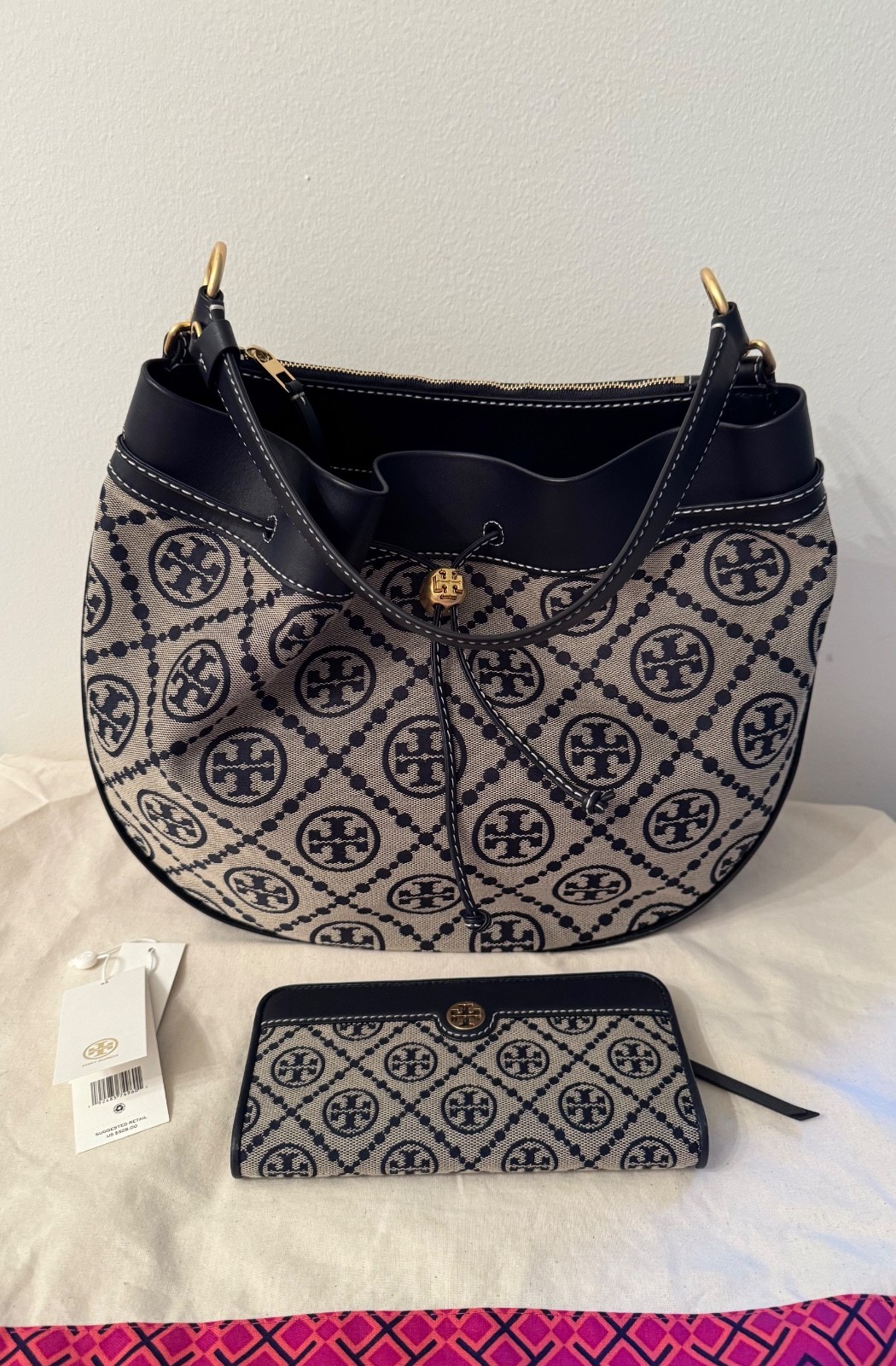 Tory Burch T Monogram Jacquard Drawstring Hobo Bag with matching Wallet