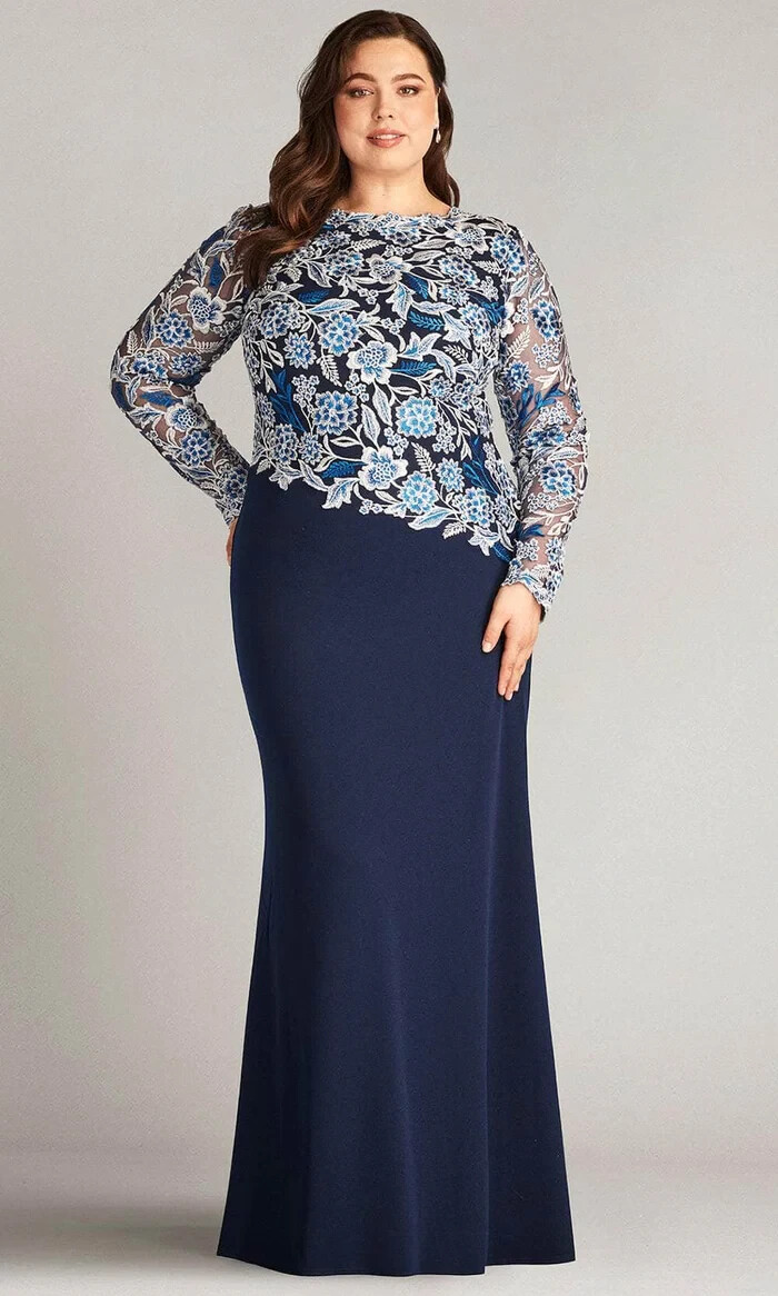 Tadashi Shoji Too Pacific Blue Embroidered Floral Lace Crepe Gown Size 22W $538