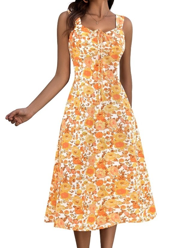 Women’s Maxi Dress Floral Boho A-Line Beach Outfit – White Orange Flower XL