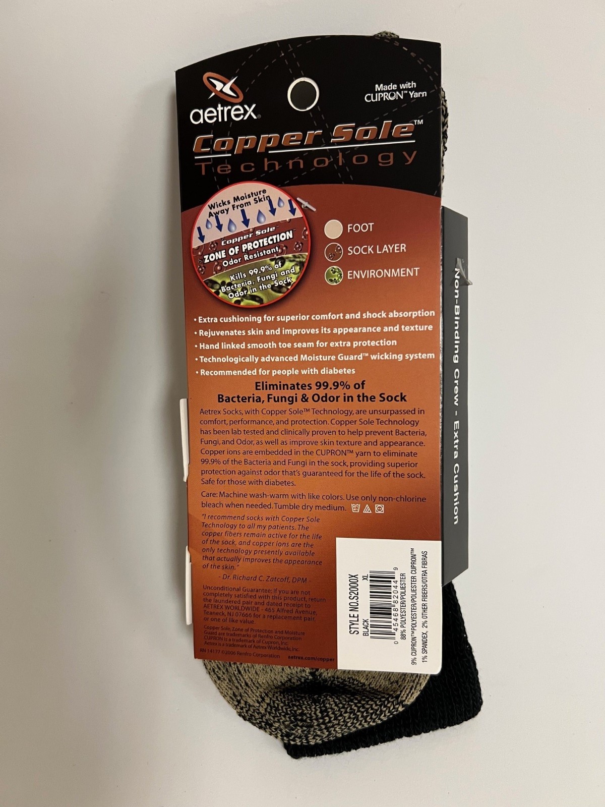 AETREX COPPER SOX-NON-BINDING CREW BLACK-EXTRA CUSHION-X LARGE M 12-15 3PR/PKG