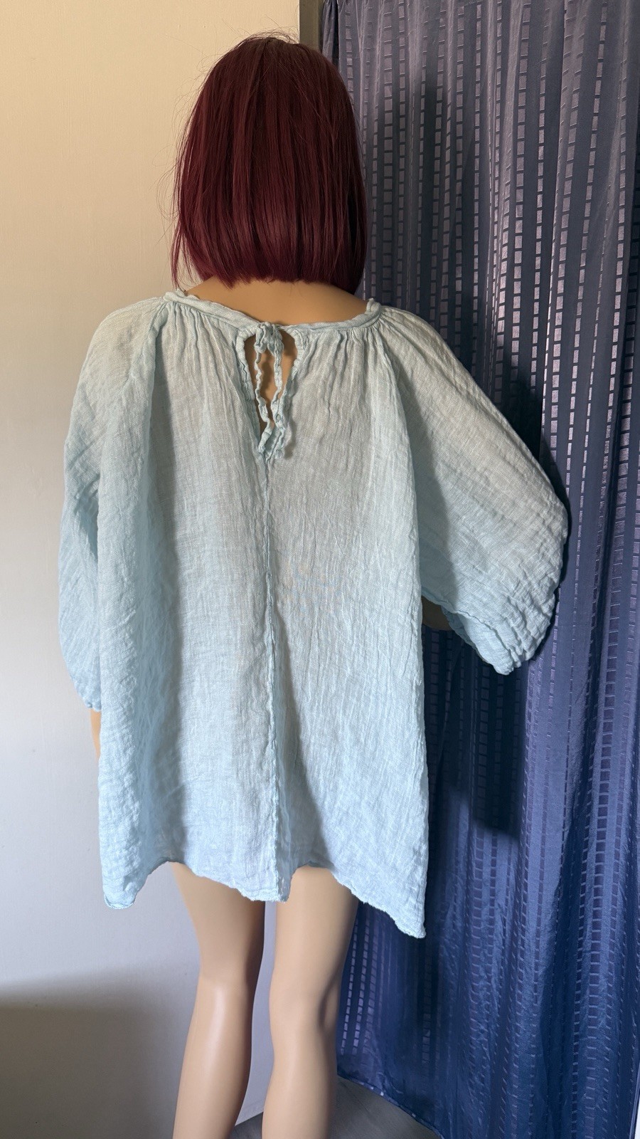 SAGA Italy Washed Sky Blue 100% Linen Gauze Boho Oversized Tunic Top