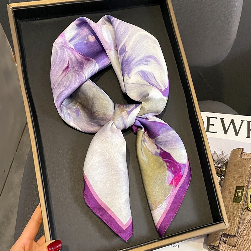 100% Mulberry Silk 27″ Square Scarf Women Vintage Neckerchief Wrap Purple Flower