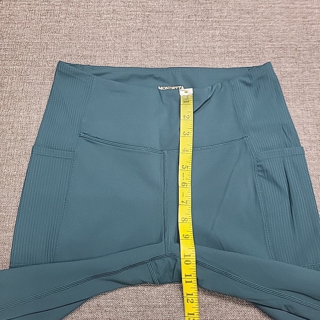 Womens Ribbed Panel Leggings Active Yoga Gym Pants w Pockets Green Size Medium