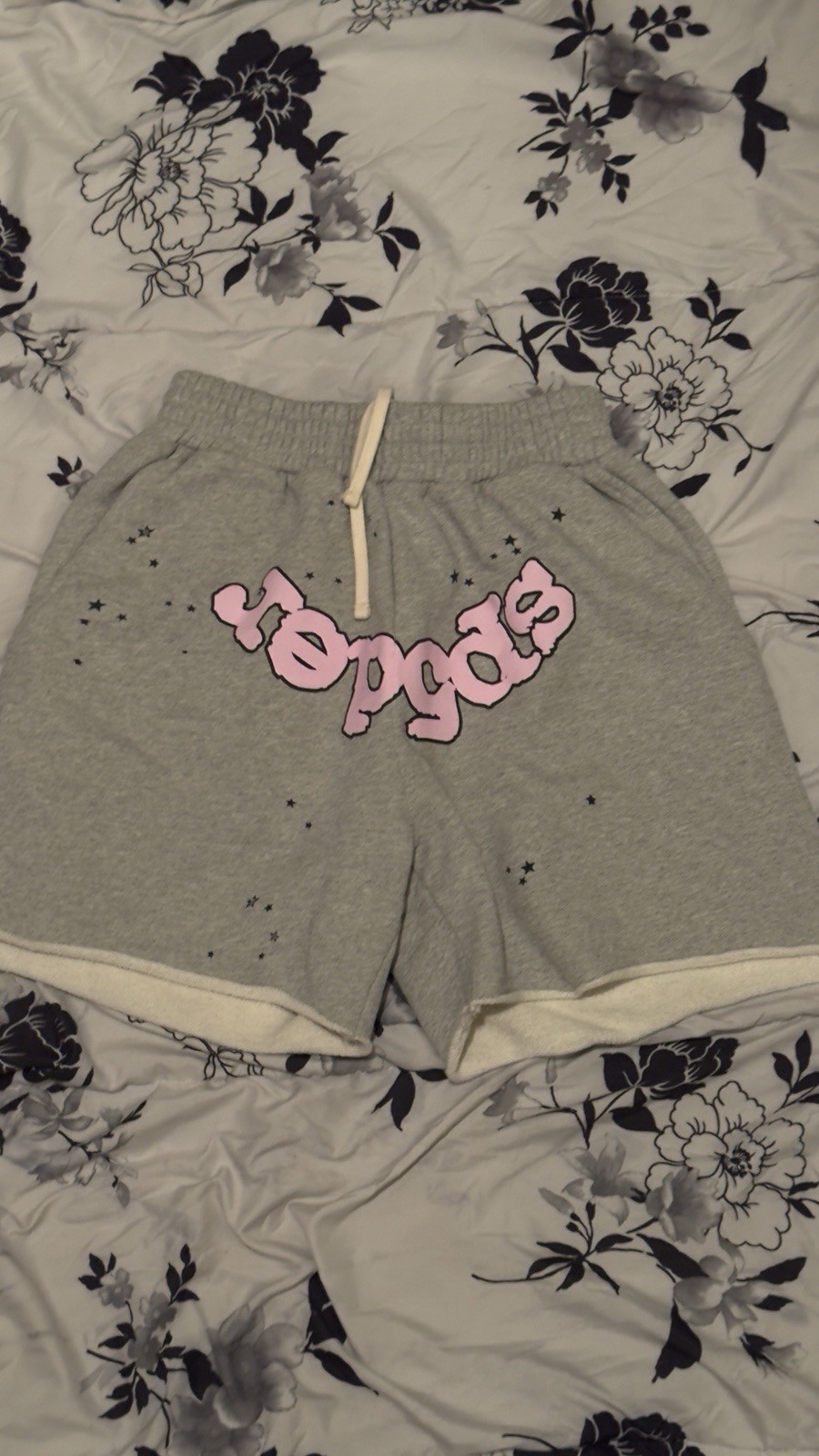 SP5DER Og Web Logo Gray Sweat Shorts Size S Pink Logo Pockets Drawstring
