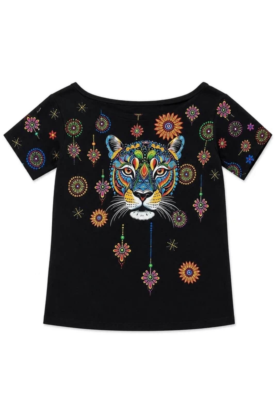 Tiger Print Top Multicolour Women Summer Festival Holiday Short Sleeve Black