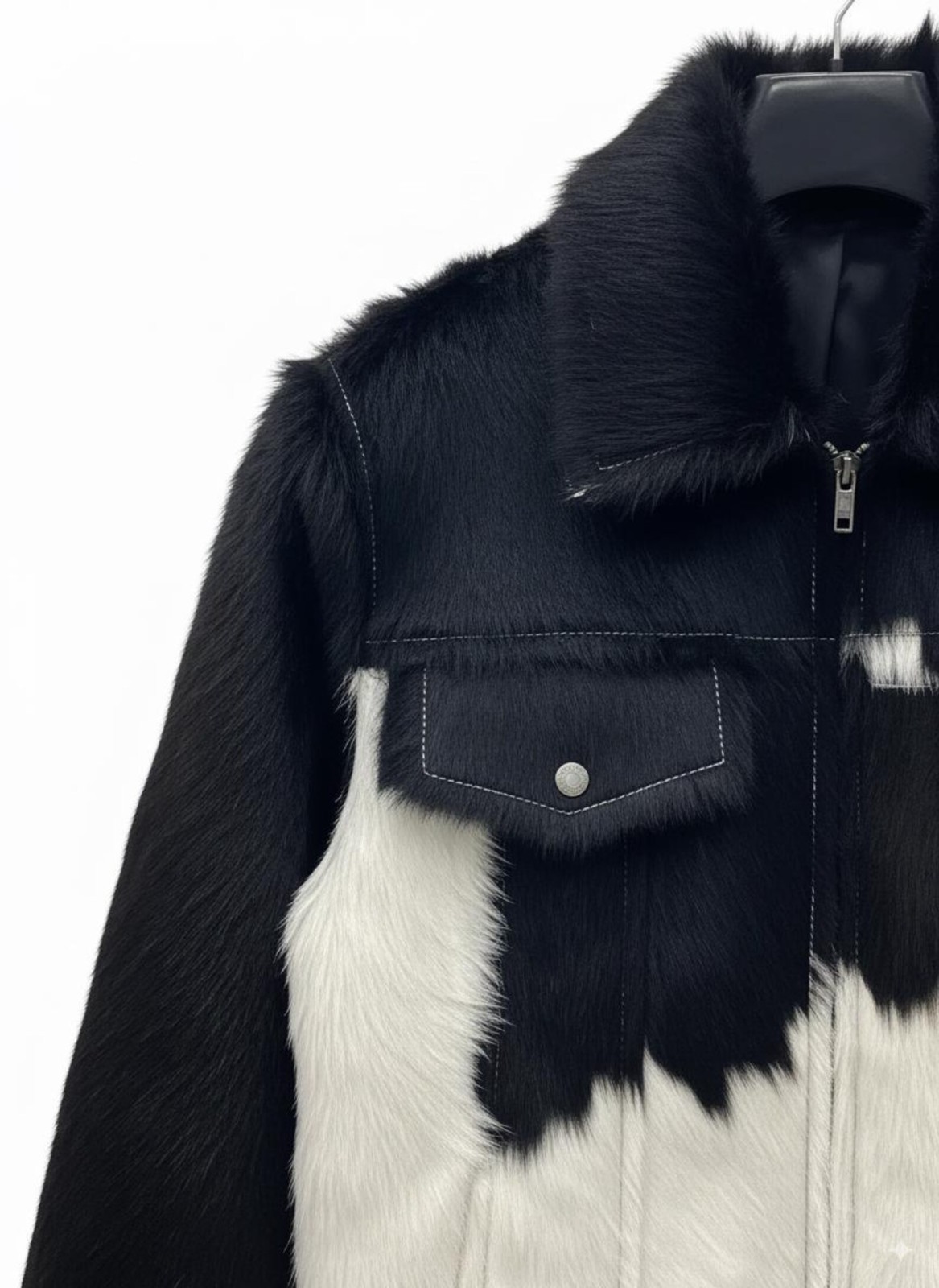 Handmade Black and White Cowhide Leather Jacket – Genuine Hair-On Hide Western S