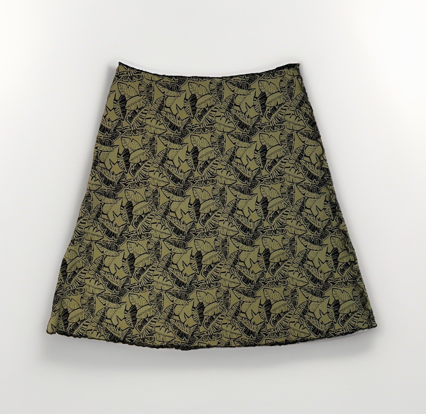Haystacks Short Skirt Med Green Palm Leaves Artisan Made USA Stretch Resort Wear