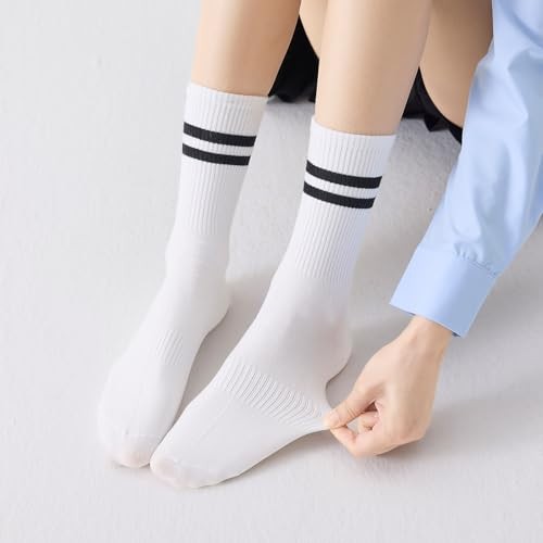 Womens Striped Crew Socks，Casual Long Athletic 4pairs-white Black Grey Khaki