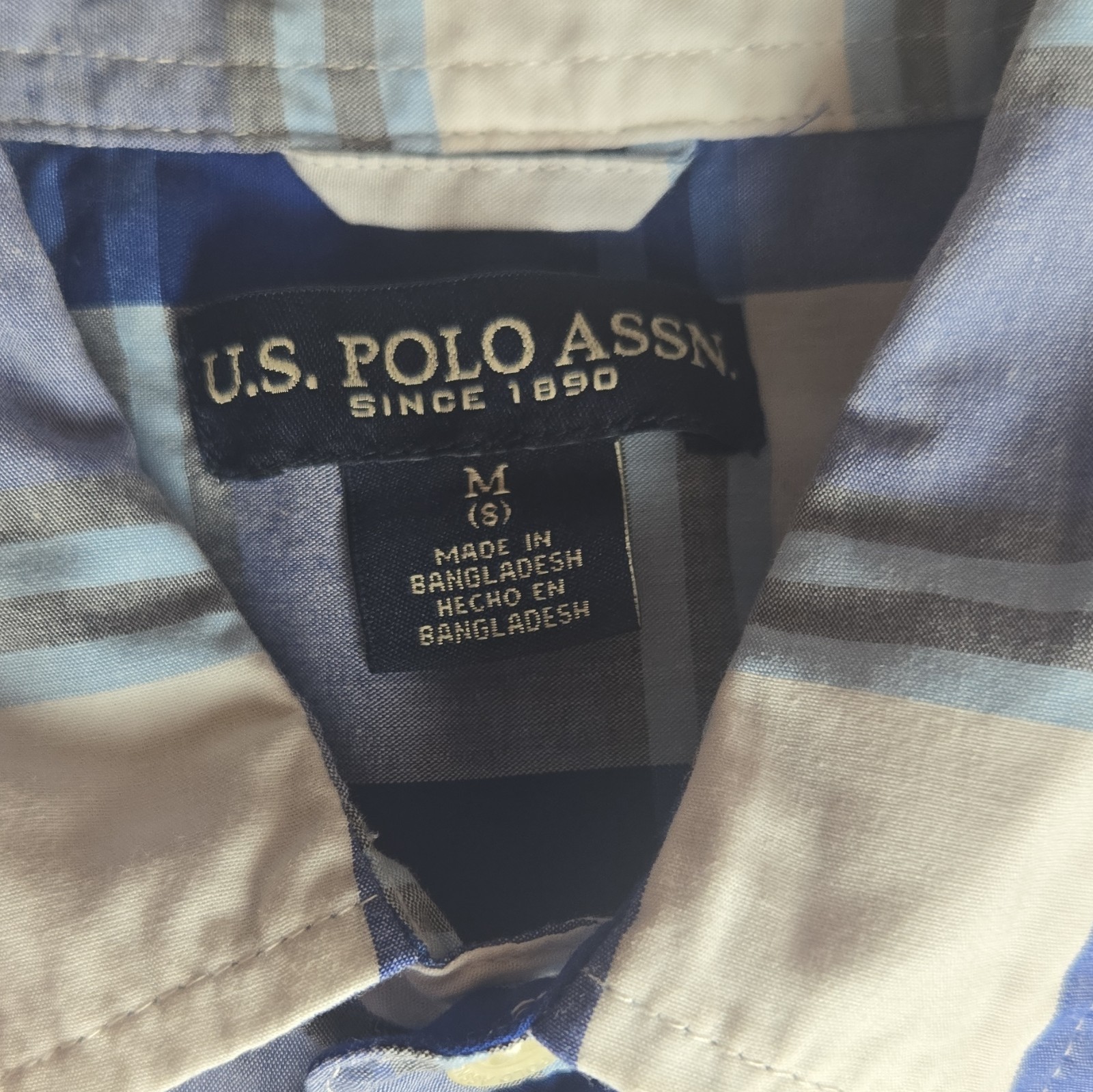 U.S. Polo Assn. Boys M (8) Blue/White Plaid Short Sleeve Collared Button-Up