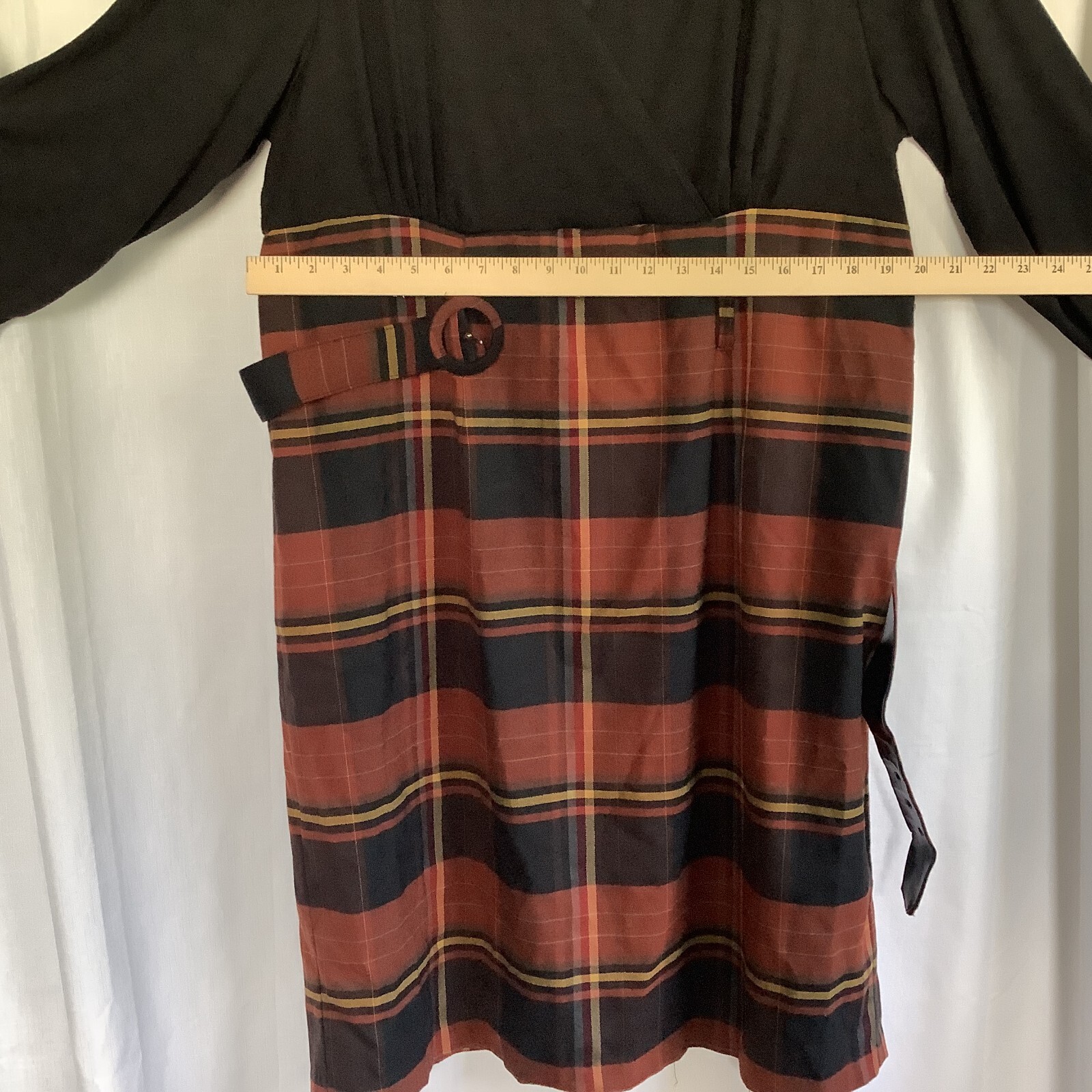 Monroe & Main Belted Midi Dress Vtg Size 18W Plaid Black Brown Yellow USA-Made