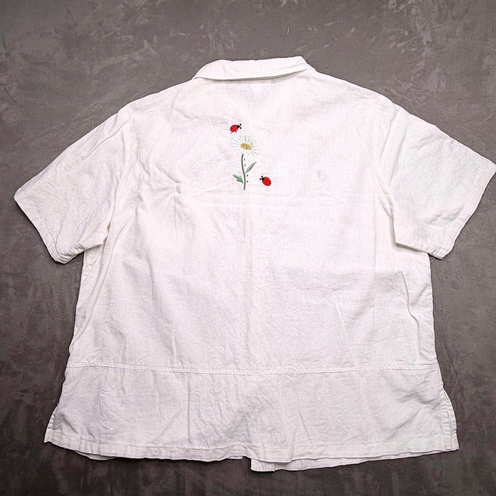 Vtg Dressbarn Button Front Shirt Womens 18 White Linen Embroidered Daisy Ladybug