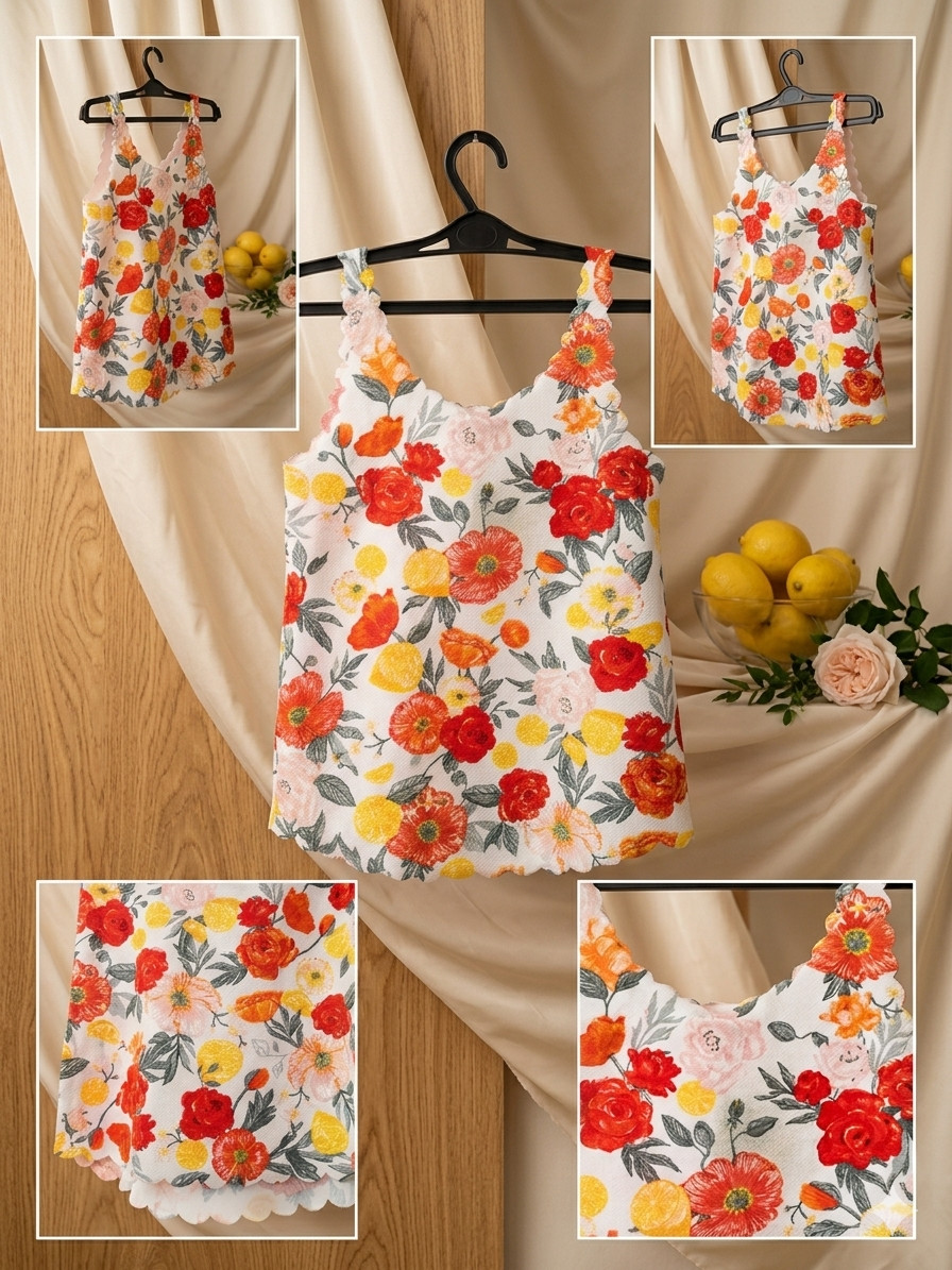 H&M Divided Floral Citrus Sleeveless Scalloped Top Sz XS Vibrant Summer Tank