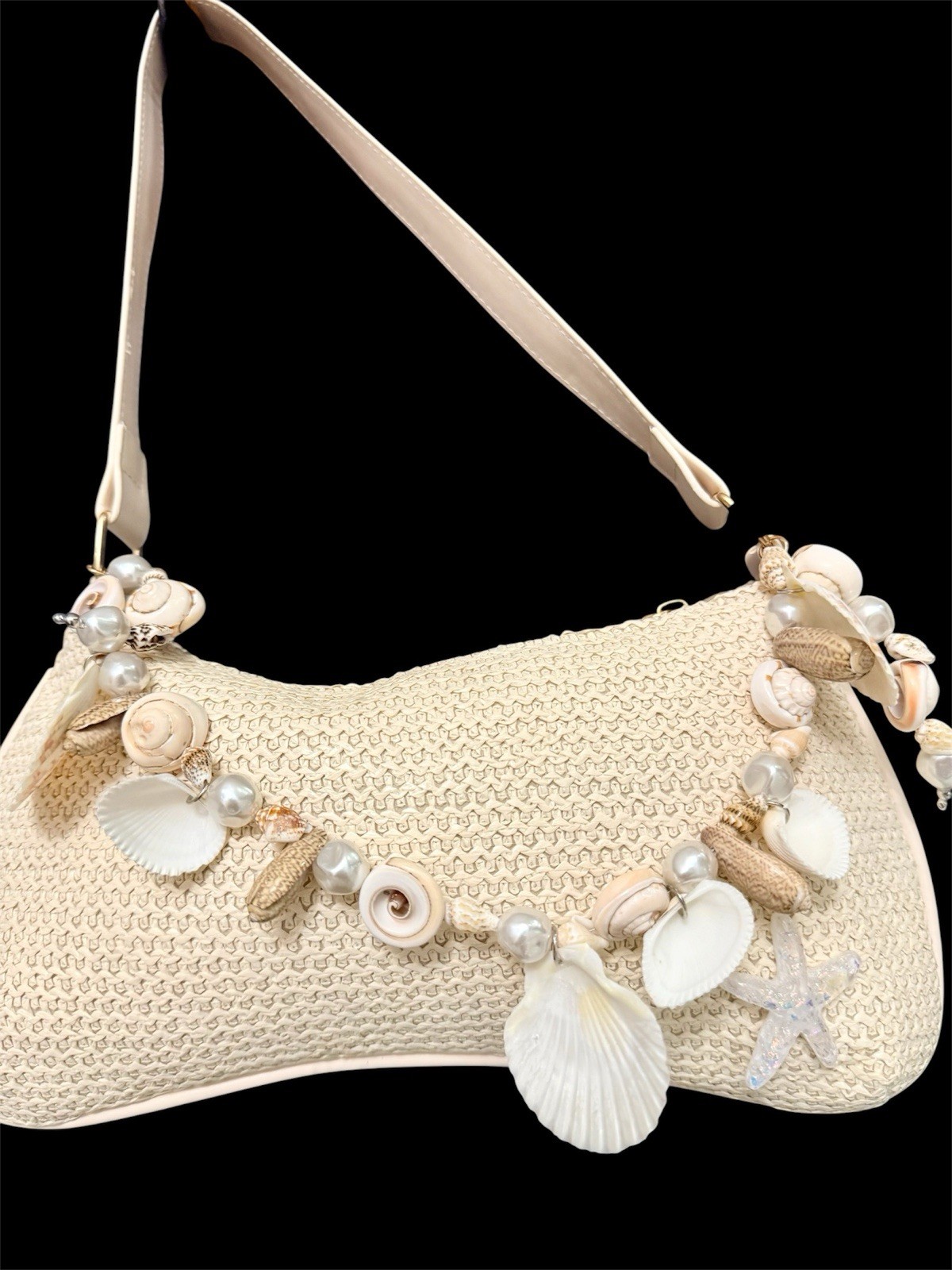 Woven Straw Inspired Crescent Shoulder Bag with Shell Pearl Starfish Accents