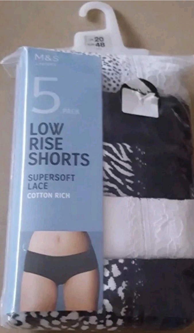 M&S ladies 1 x 5 cotton rich BLACK/WHITE knickers LOW RISE SHORTS UK Sz 20 EU 48