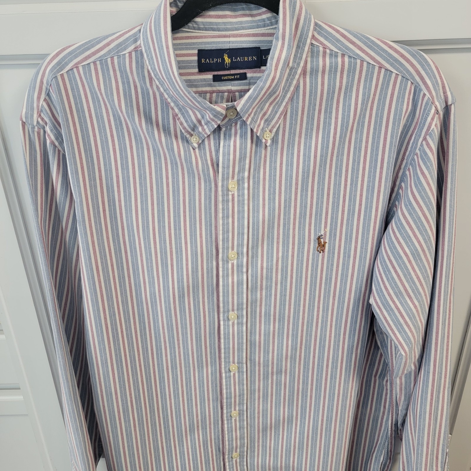 Ralph Lauren Mens L Custom Fit Oxford Button Down Shirt Blue Red Stripe LS