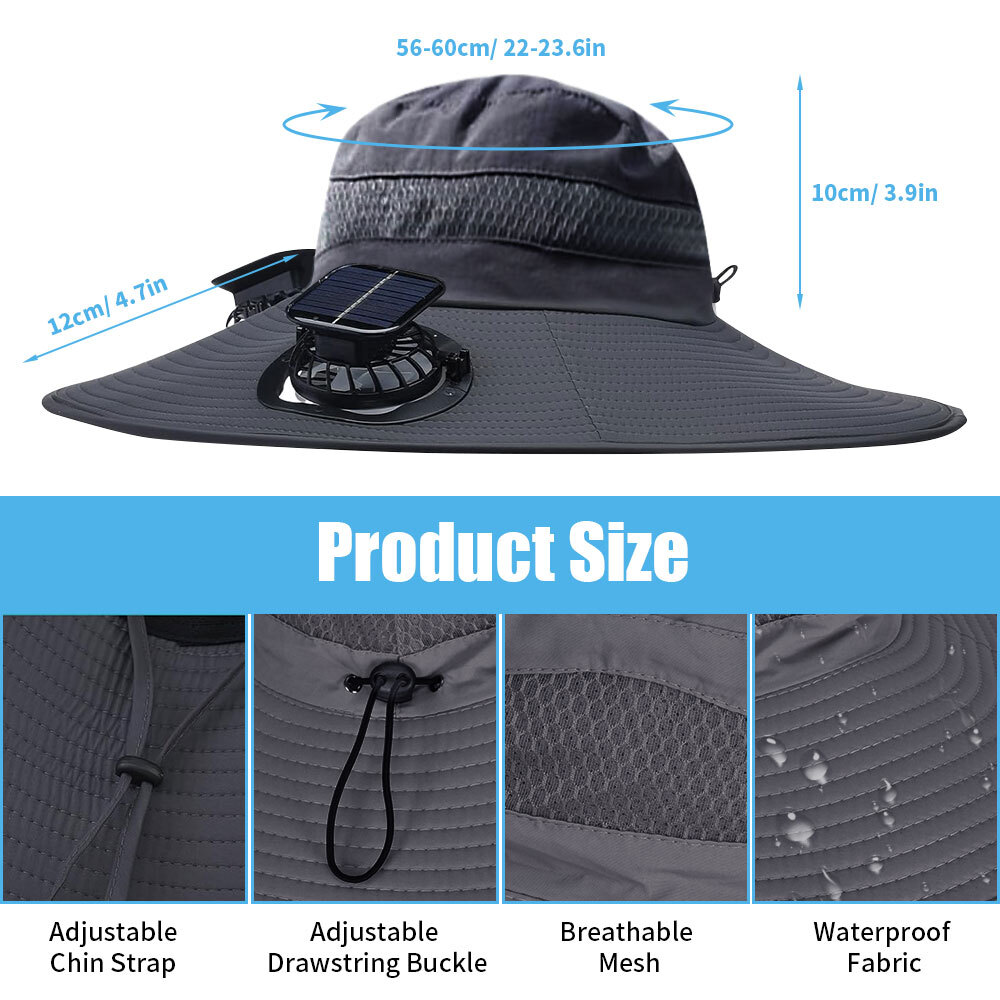 Solar Fan Hat Wide Brim Outdoor Bucket Fishing Sun Cap Rechargeable With 2 Fans