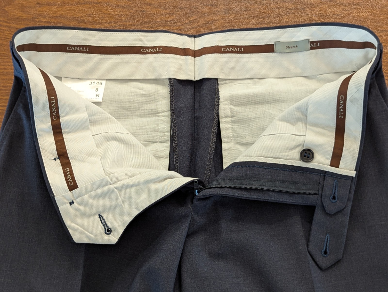 CANALI Flat Front Stretch Wool Dress Pants, Navy, Size 31 R (46 IT) – NEW